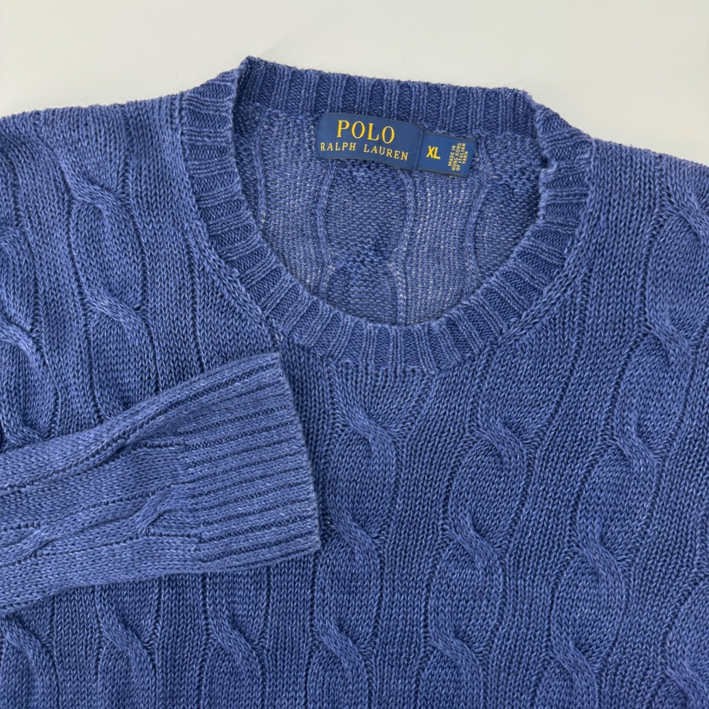 Polo Ralph Lauren Cable Knit Sweater Womens XL Blue 100% Linen Crew Neck Top